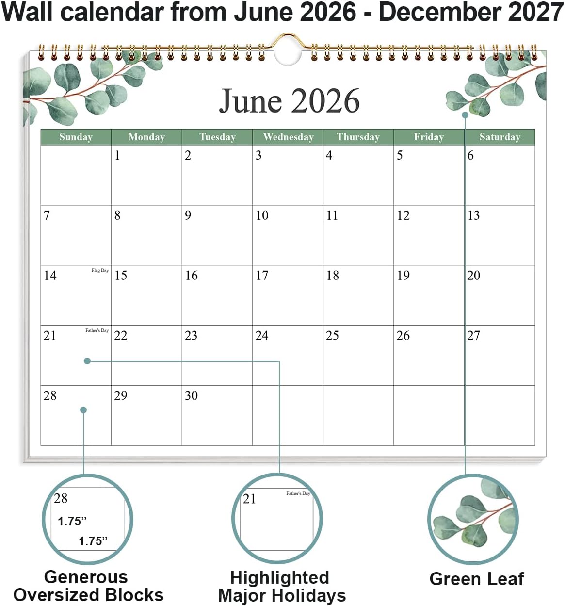 2026-2027 Calendar - Calendar 2026-2027 from June 2026 - December 2027, 19 Months Calendar with Premium Paper, Twin-Wire Binding & Hanging Hook, 12" x 14.5", Green Leaf - Image 2