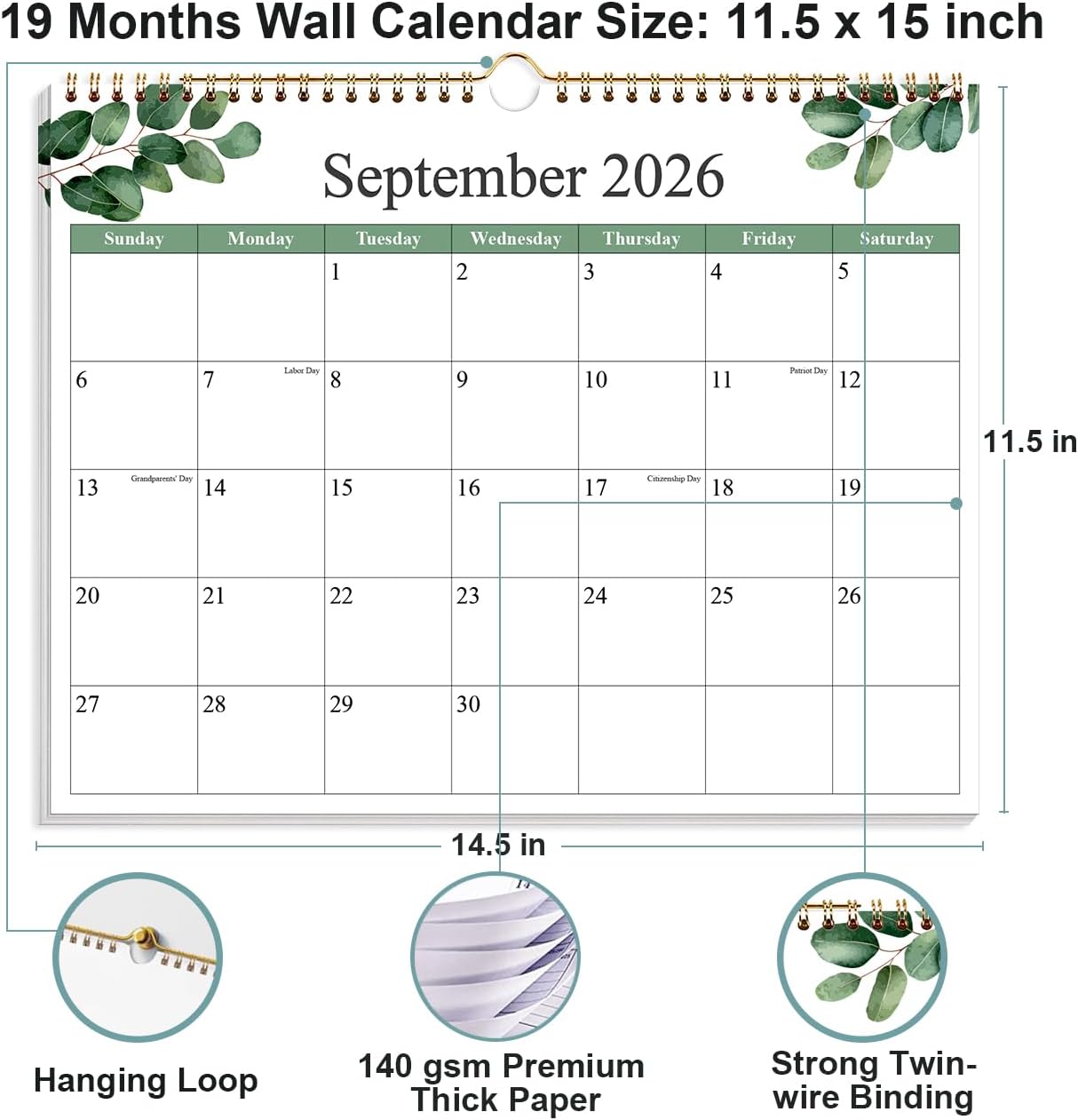 2026-2027 Calendar - Calendar 2026-2027 from June 2026 - December 2027, 19 Months Calendar with Premium Paper, Twin-Wire Binding & Hanging Hook, 12" x 14.5", Green Leaf - Image 3