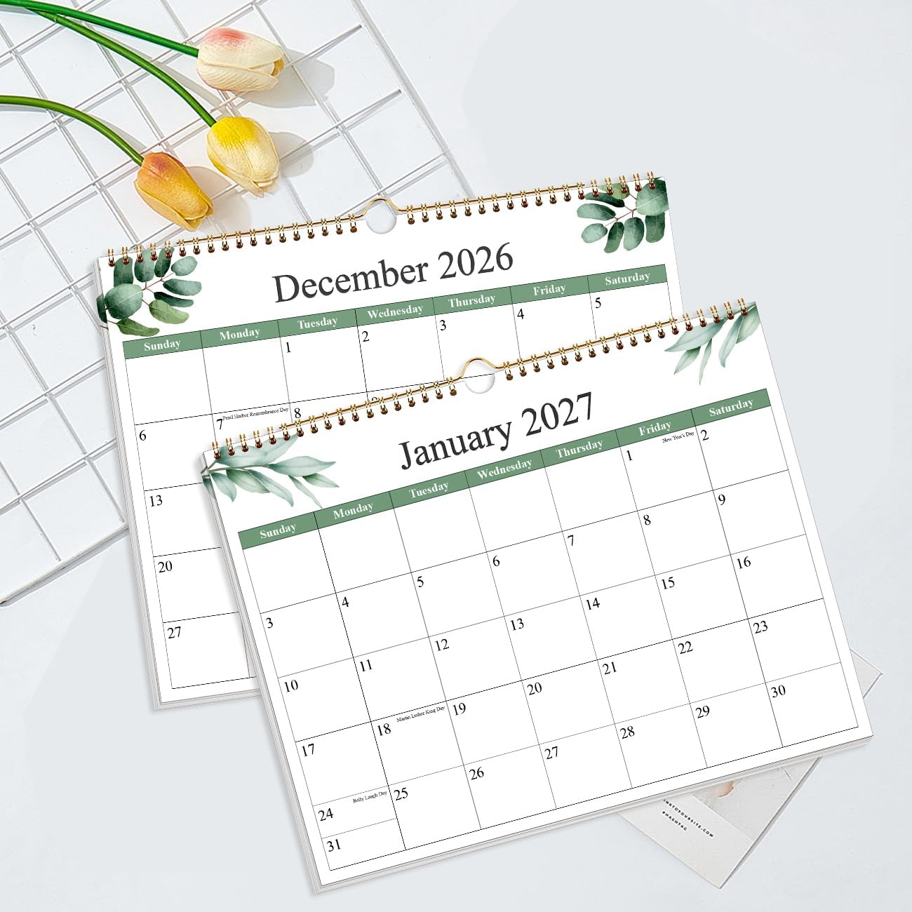 2026-2027 Calendar - Calendar 2026-2027 from June 2026 - December 2027, 19 Months Calendar with Premium Paper, Twin-Wire Binding & Hanging Hook, 12" x 14.5", Green Leaf - Image 4